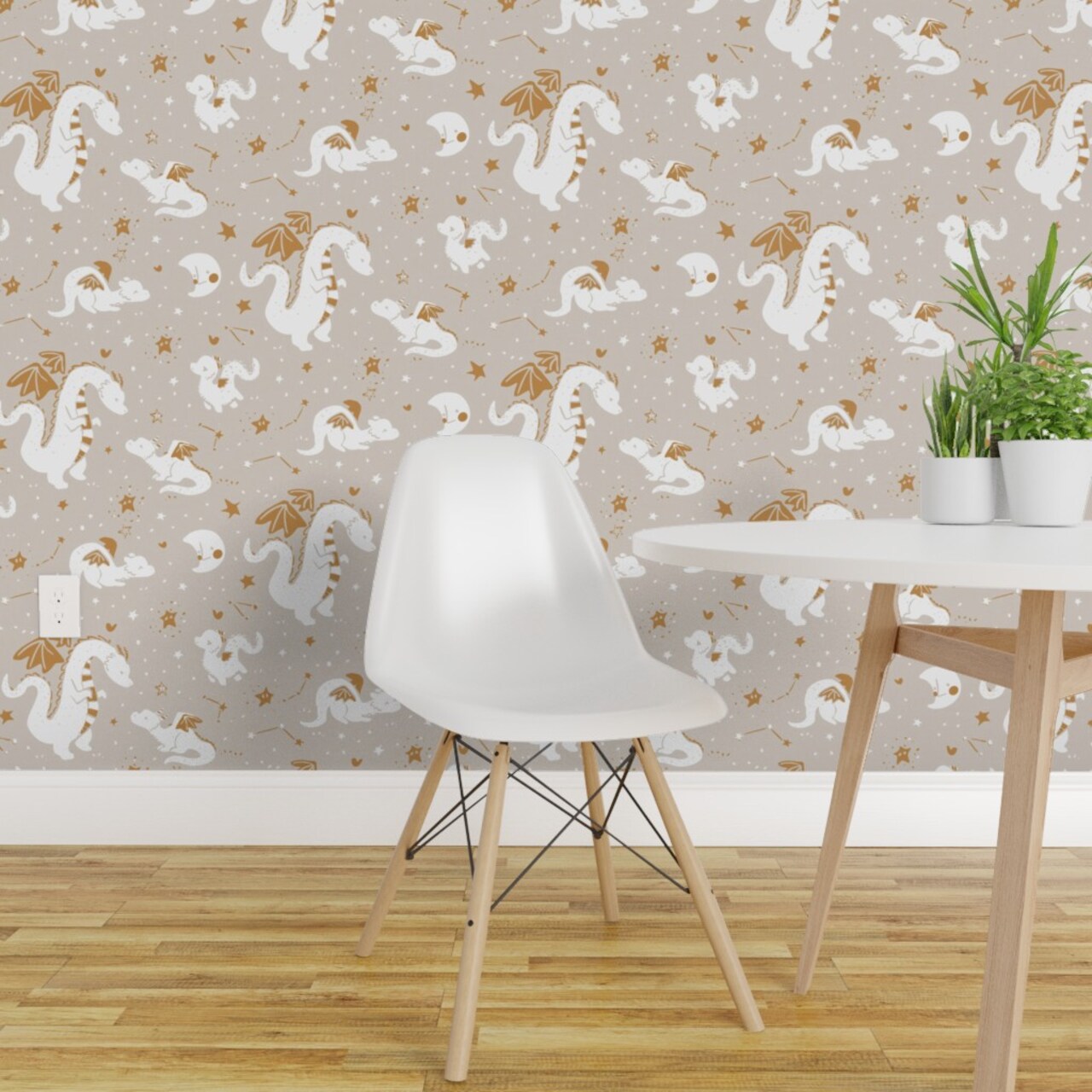 Non-Pasted Wallpaper 2FT Wide Boho Baby Dragon Fantasy Whimsical Warm Neutrals Gender Neutral Moon Stars Fun Cute Happy Cheerful Celestial Traditional Wallpaper by Spoonflower